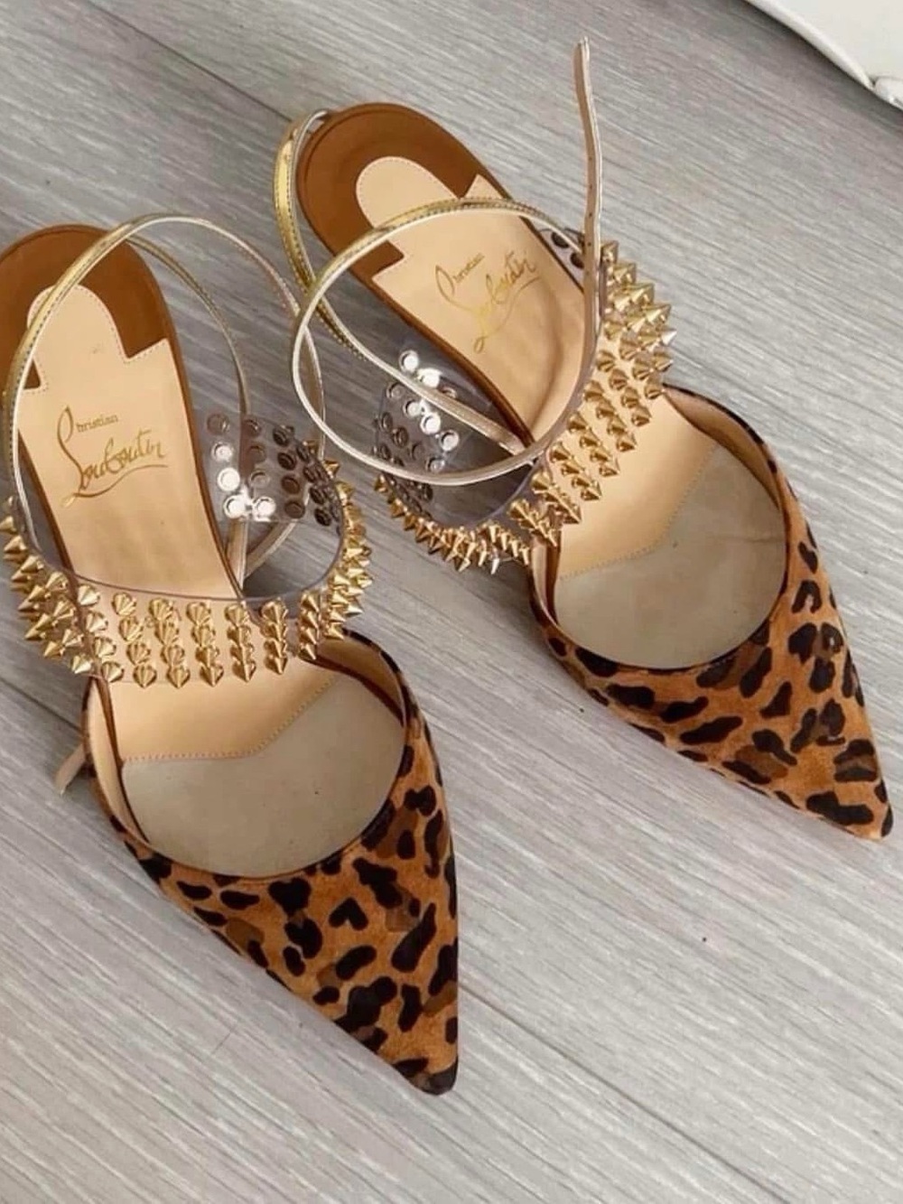 Christian Louboutin Leopard Pointed Toe Studded Ankle-Strap Flats - Brown/Gold